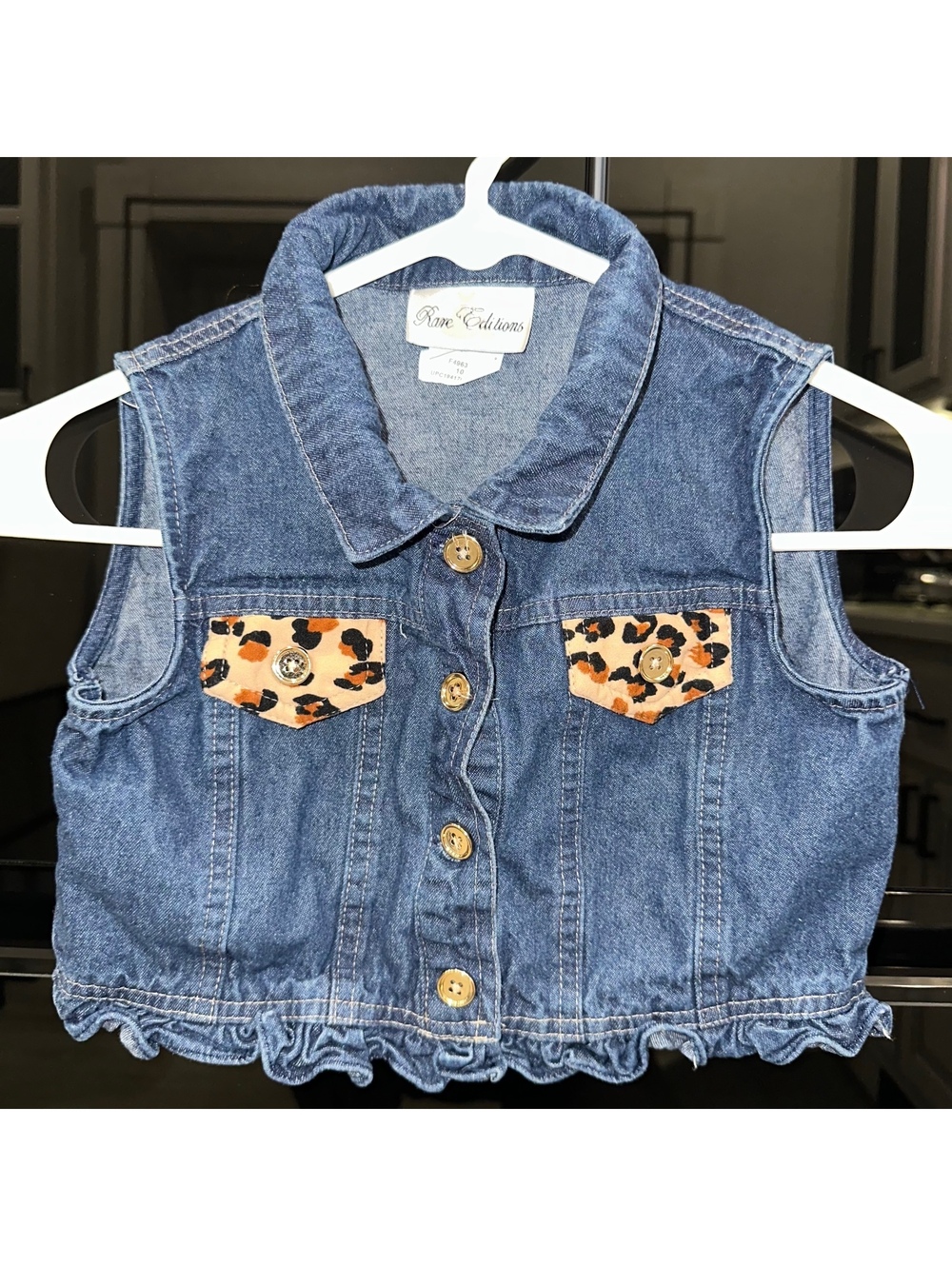 Rare Editions Girls' Denim Vest with Leopard Print Pockets Size 10